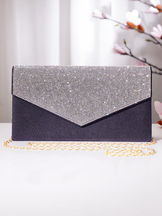 【Rubans】 Black Crystal Embellished Envelope Clutch Handbag|ブラック クリスタル エンベロープ クラッチ ハンドバッグ