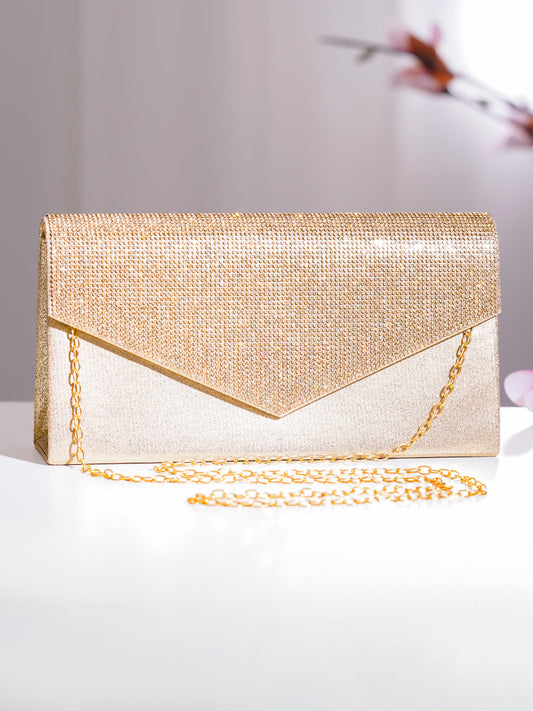 【Rubans】 Gold Crystal Embellished Envelope Clutch Handbag|ゴールド クリスタル エンベロープ クラッチ ハンドバッグ