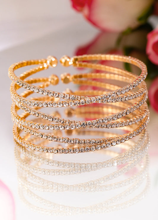 【Rubans】 Gold-Plated Cubic Zirconia Stone Studded Cuff Bracelet|ゴールドメッキ キュービックジルコニア カフブレスレット|フリーサイズ