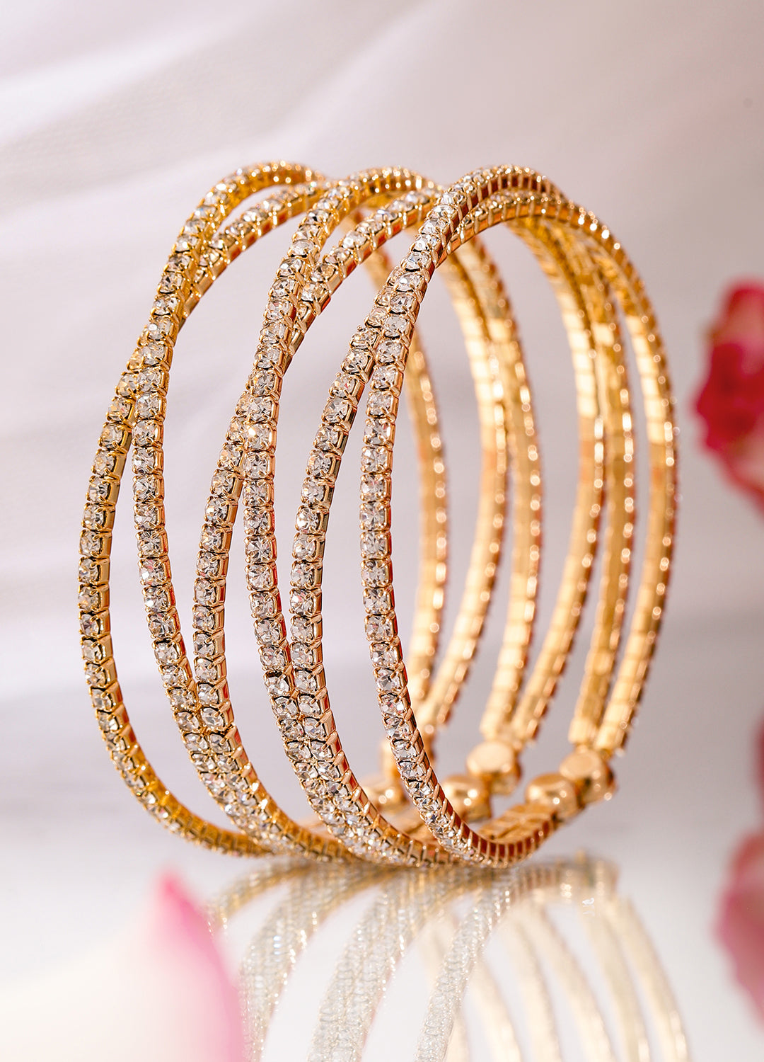 【Rubans】 Gold-Plated Cubic Zirconia Stone Studded Cuff Bracelet|ゴールドメッキ キュービックジルコニア カフブレスレット|フリーサイズ