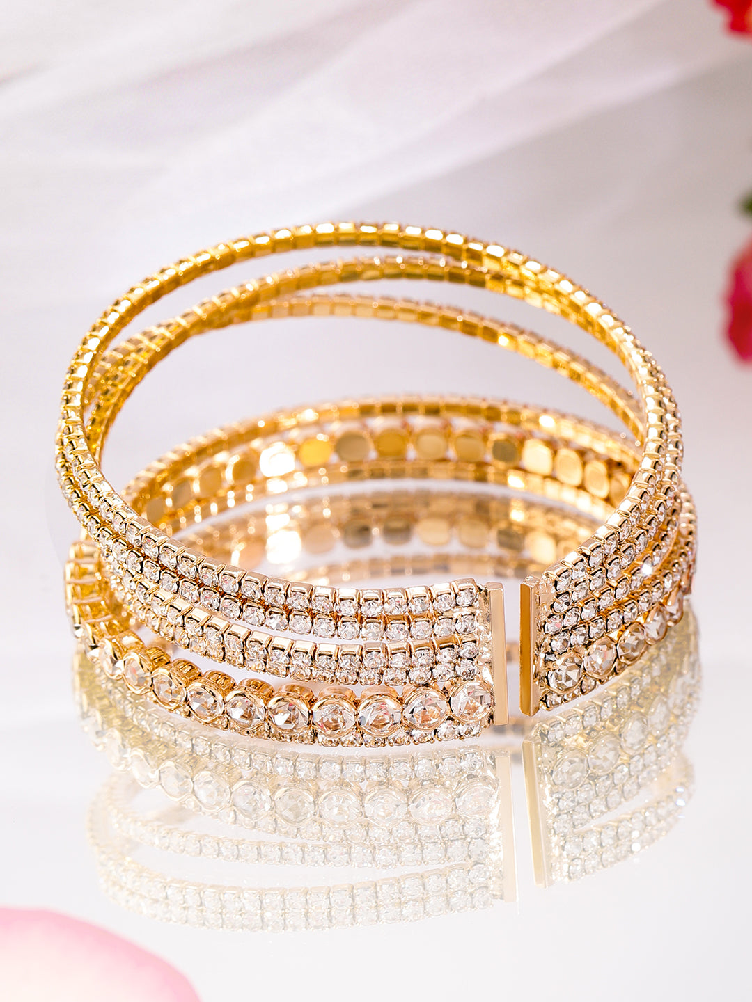 【Rubans】 18K Gold-Plated Cuff Bracelet with Sparkling AD & Cubic Zirconia Stones|18K ゴールドメッキ AD キュービックジルコニア カフブレスレット|フリーサイズ