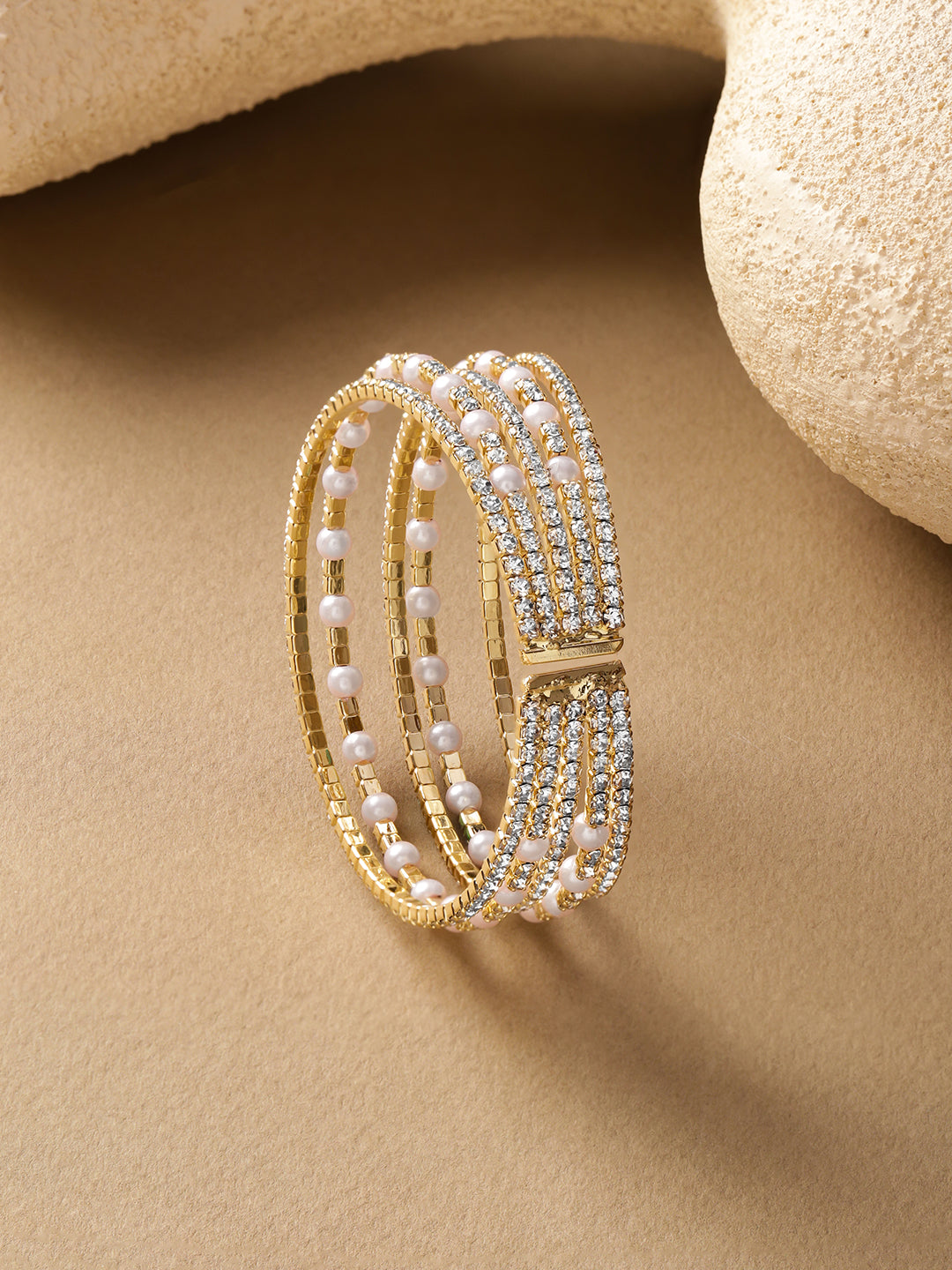 【Rubans】 Cubic Zirconia Handcrafted Gold-Plated Multistrand Bracelet|ゴールドメッキ キュービックジルコニア&パール マルチストランド ブレスレット