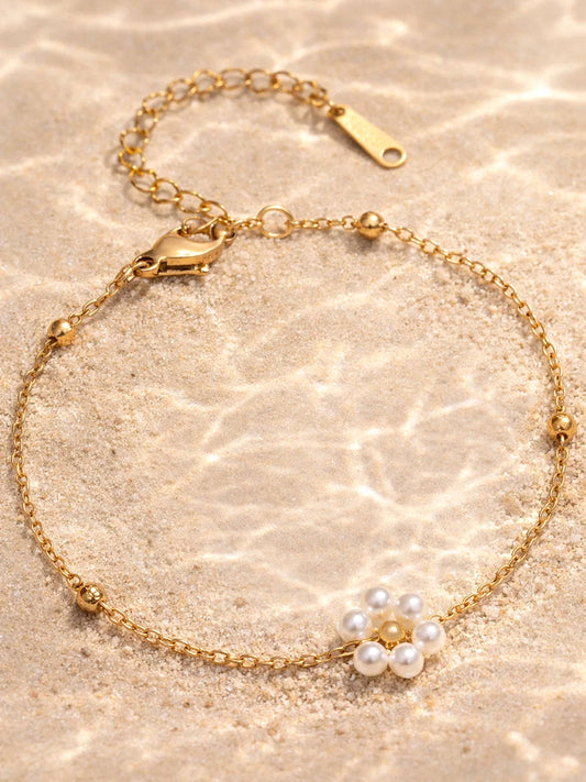 Demi Fine 18K Gold Plated Stainless steel Mini Pearl Floral Chain Bracelet Length - 16 cm