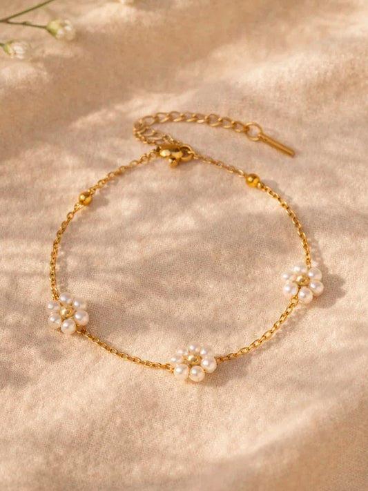 Demi Fine 18K Gold Plated Stainless steel Mini Pearl Floral Charm Chain Bracelet Length - 16 cm