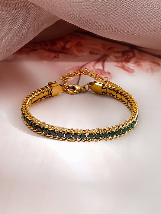 Demi Fine 18K Gold Plated Stainless steel Emerald Green Crystal Chain Bracelet Length - 15.5 cm