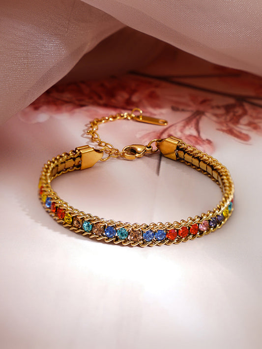 Demi Fine 18K Gold Plated Stainless steel Multicolor Crystal Chain Bracelet Length - 15.5 cm