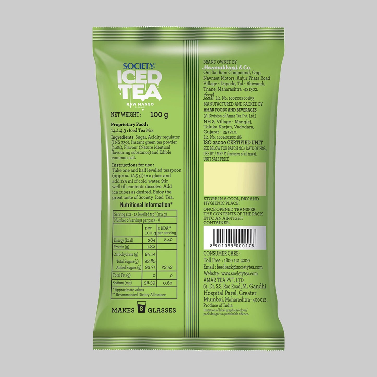 Society Iced Premix Tea Raw Mango Green 100g Pouch - Pack of 10 100 g x 10