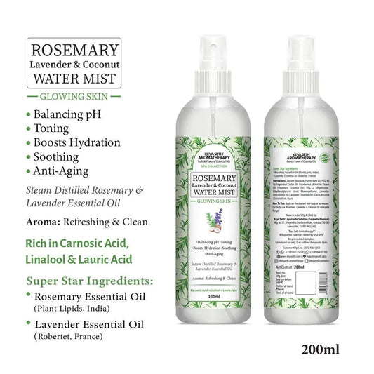 Rosemary Lavender Coconut Water Mist Spray Face Toner, Glowing Skin Hydration Soothing Anti Aging, Distilled Essential Oil 200ml