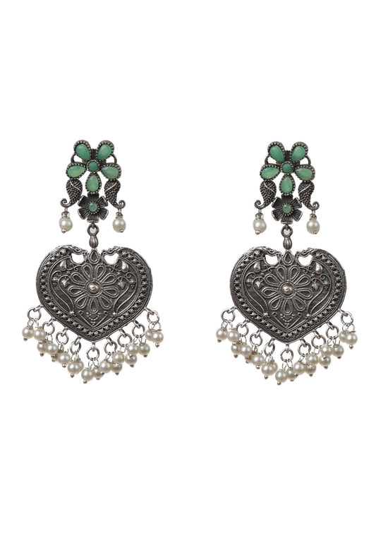 Green Kundan Heart Shape Pearl Drop Earrings