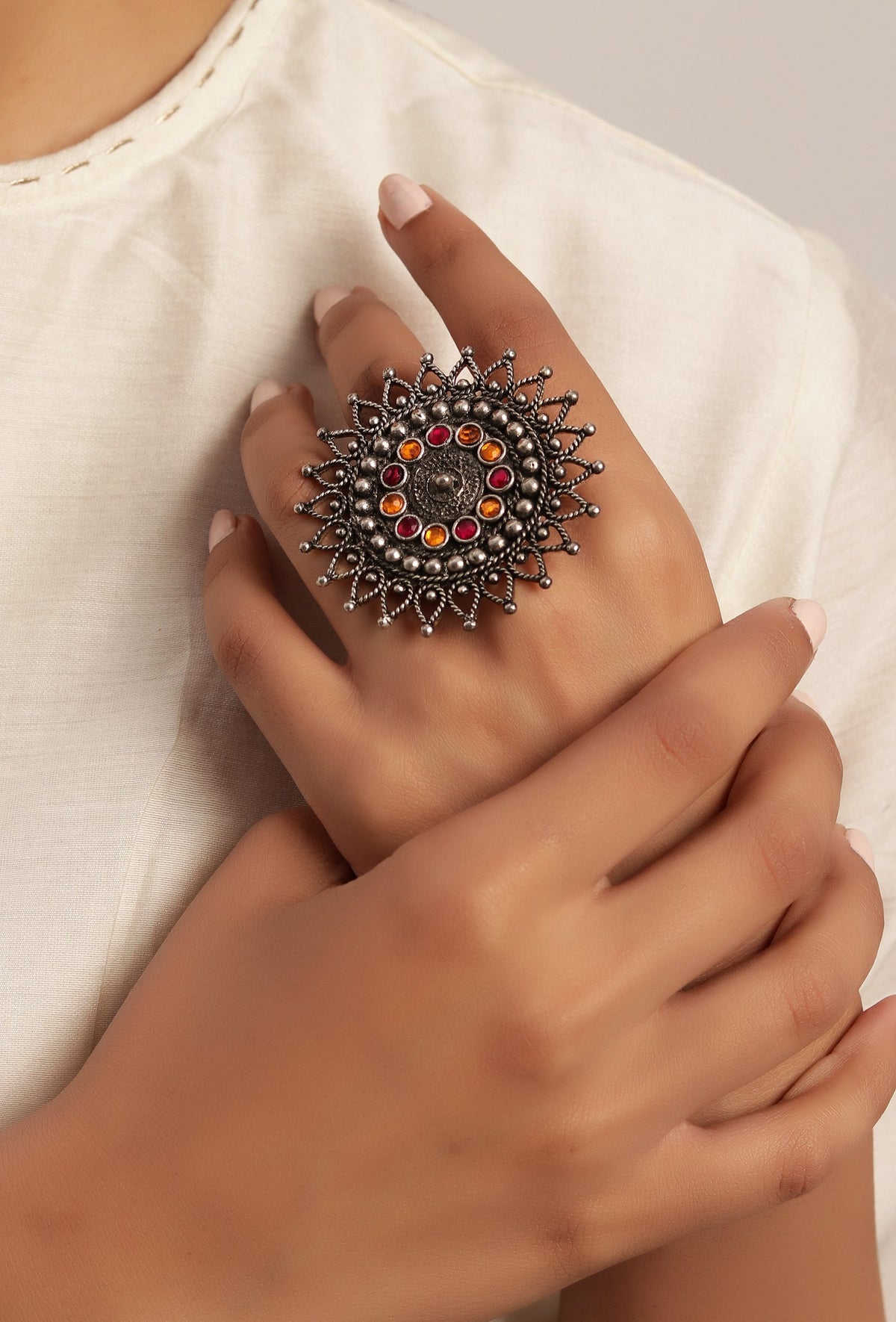 Oxidized Silver Afghani Blackish Look Pink/Orange Stone Designer Adjustable Ring