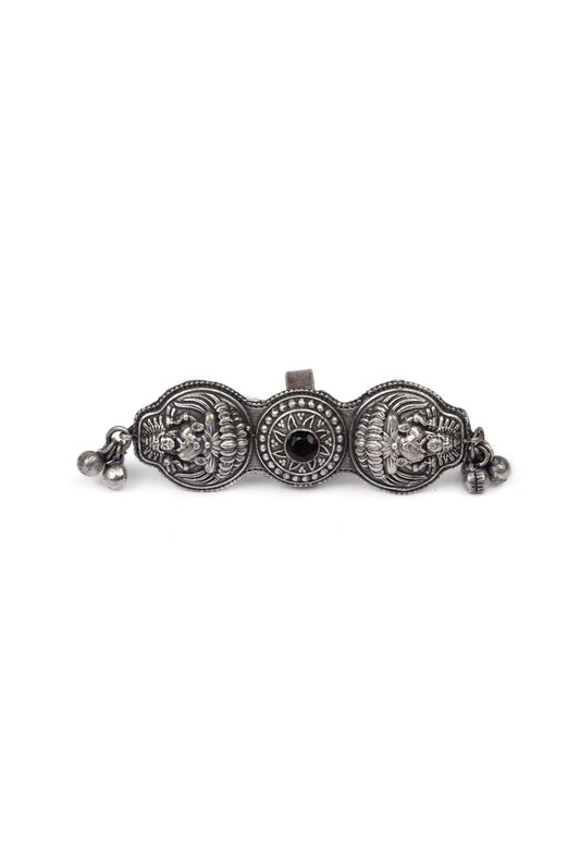 Silver Look Like Round Goddess Lakshmi Black Stone Adjustable Size Ring