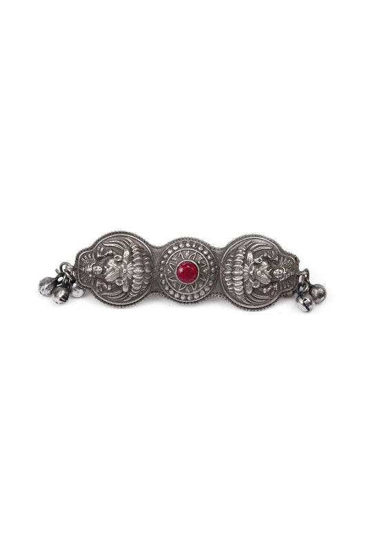 Silver Look Like Round Goddess Lakshmi Ruby Stone Adjustable Size Ring