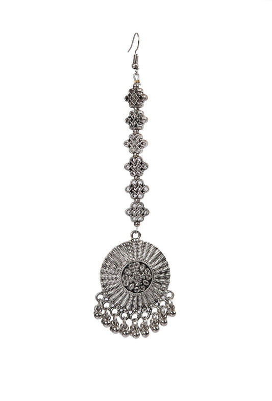 Trendy Stylish German Silver Partywear Round Shaped Square Bead Maangtikka