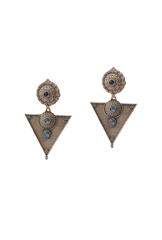 Azure Prism: Blue Oxidized Silver Triangle Earrings