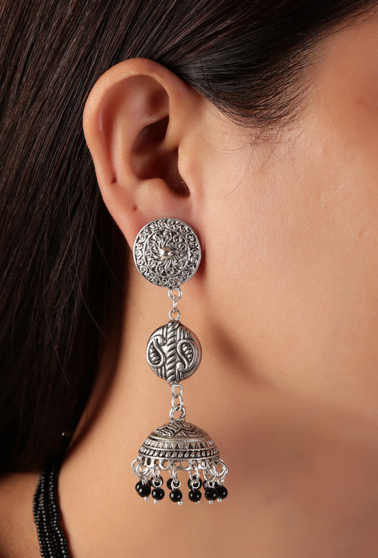 German Silver Lakshmi Pendant Necklace Set With Black Bead Dori & Jhumki