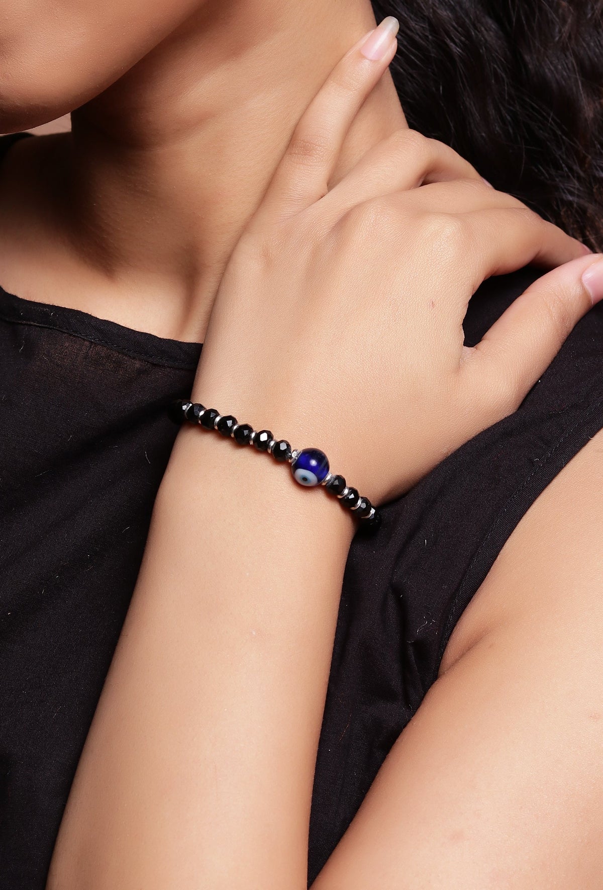 German Silver Evil Eye Bracelet with Black Beads & Adjustable Cord