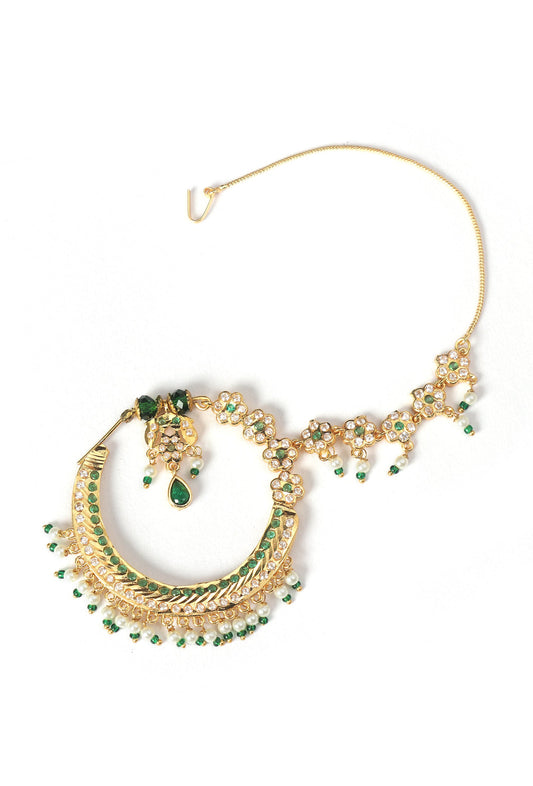 Green Kundan Crescent Nath with Pearl Drops