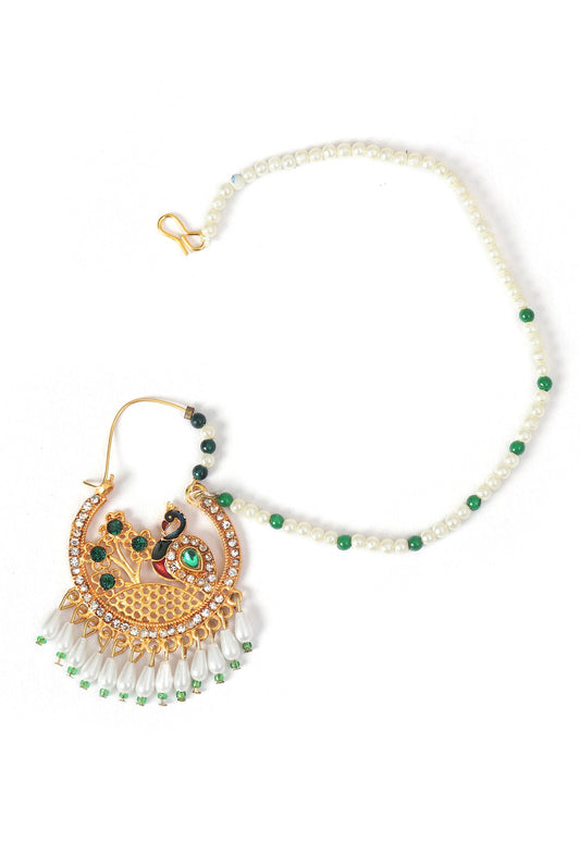 Peacock Green Kundan Nath with Pearl Chain