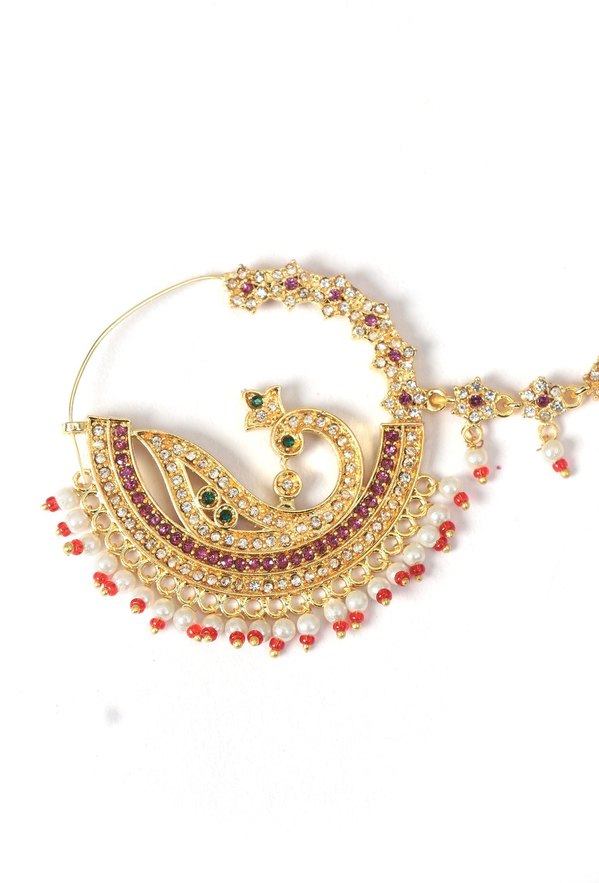 Traditional Bridal Nath Nose Ring with Chain and Pearls