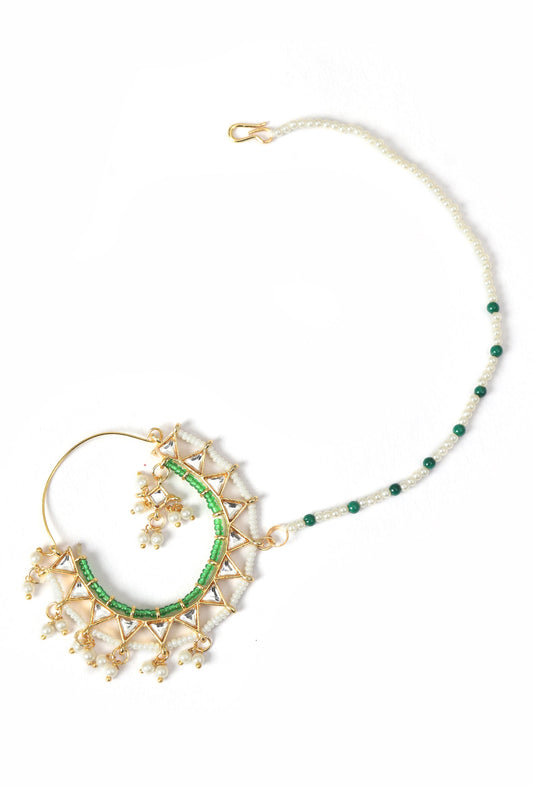 Gold Plated Kundan Nath with Green Beads and Pearl Chain