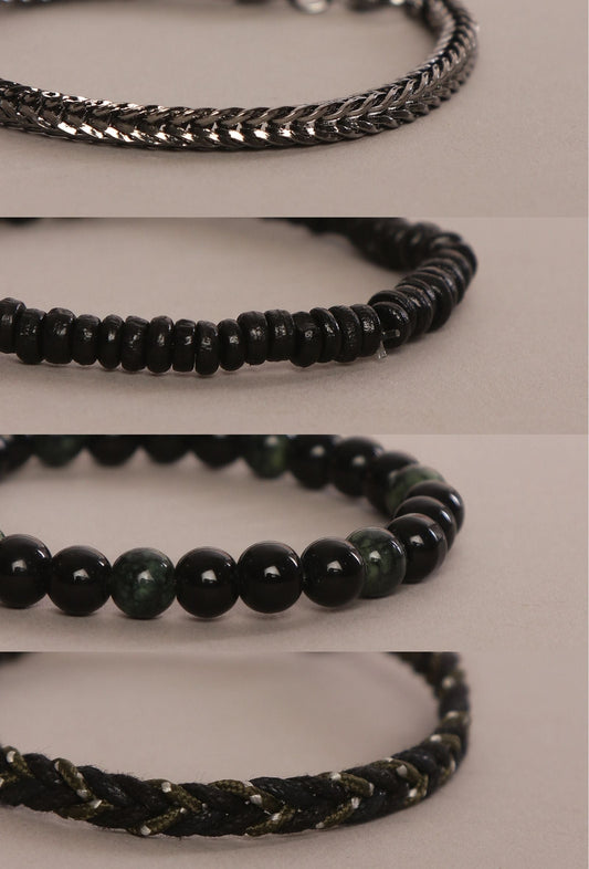 Silver Chain, Wood & Onyx Bracelet Collection - Set of 4