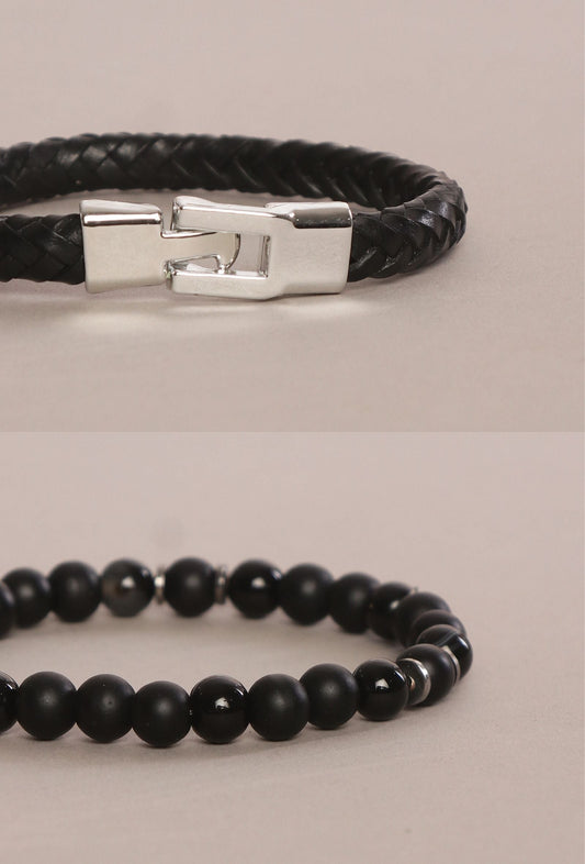 Steel Leather & Matte Black Onyx Bracelet Duo