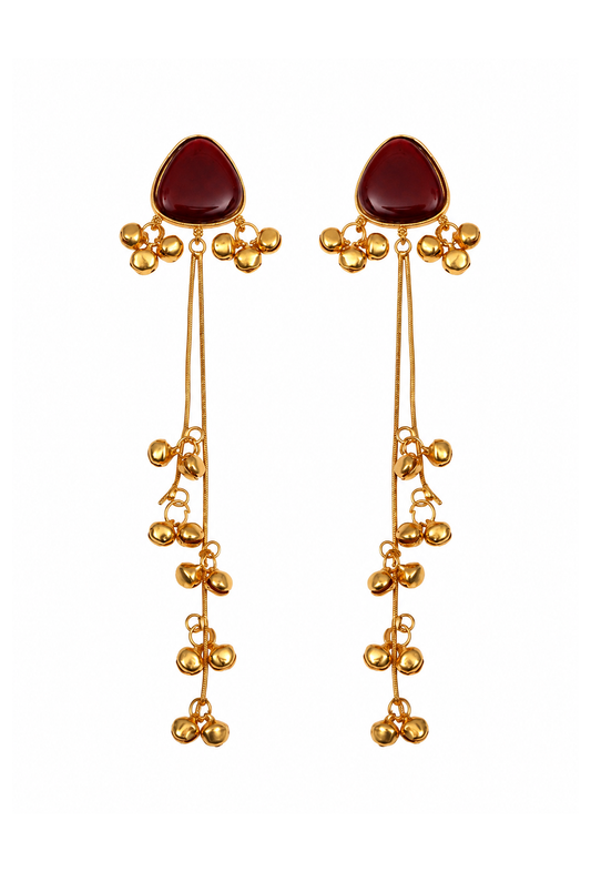Kashmiri Ruby Red Stone Gold-Tone Long Dangler Earrings