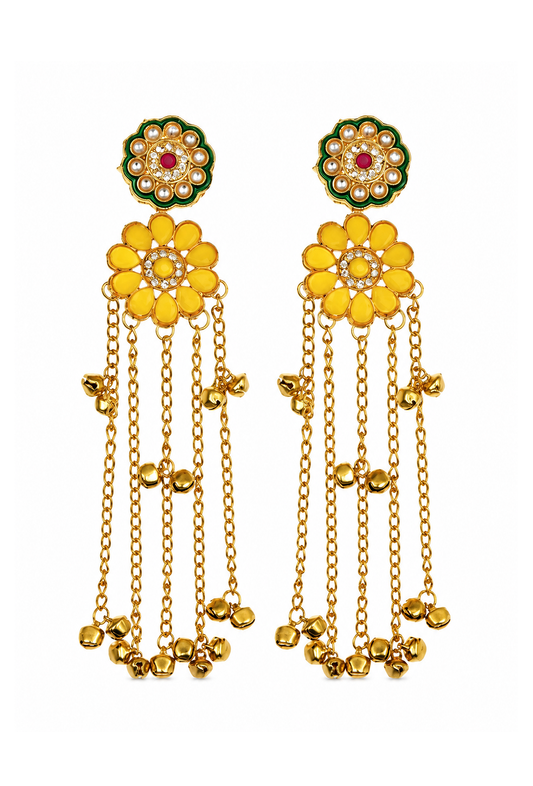 Kashmiri Yellow Floral Pearl Long Dangler Earrings