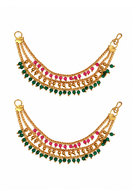 Emerald & Pink Beaded Gold-Tone Chain Earchain