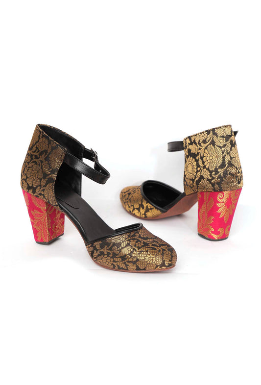 Blue Brocade with Pink Brocade Block Heels サイズ EU38