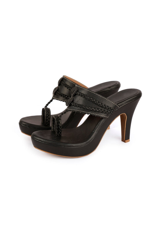 Classic Black Vegan Leather Kolhapuri Heels サイズ EU38