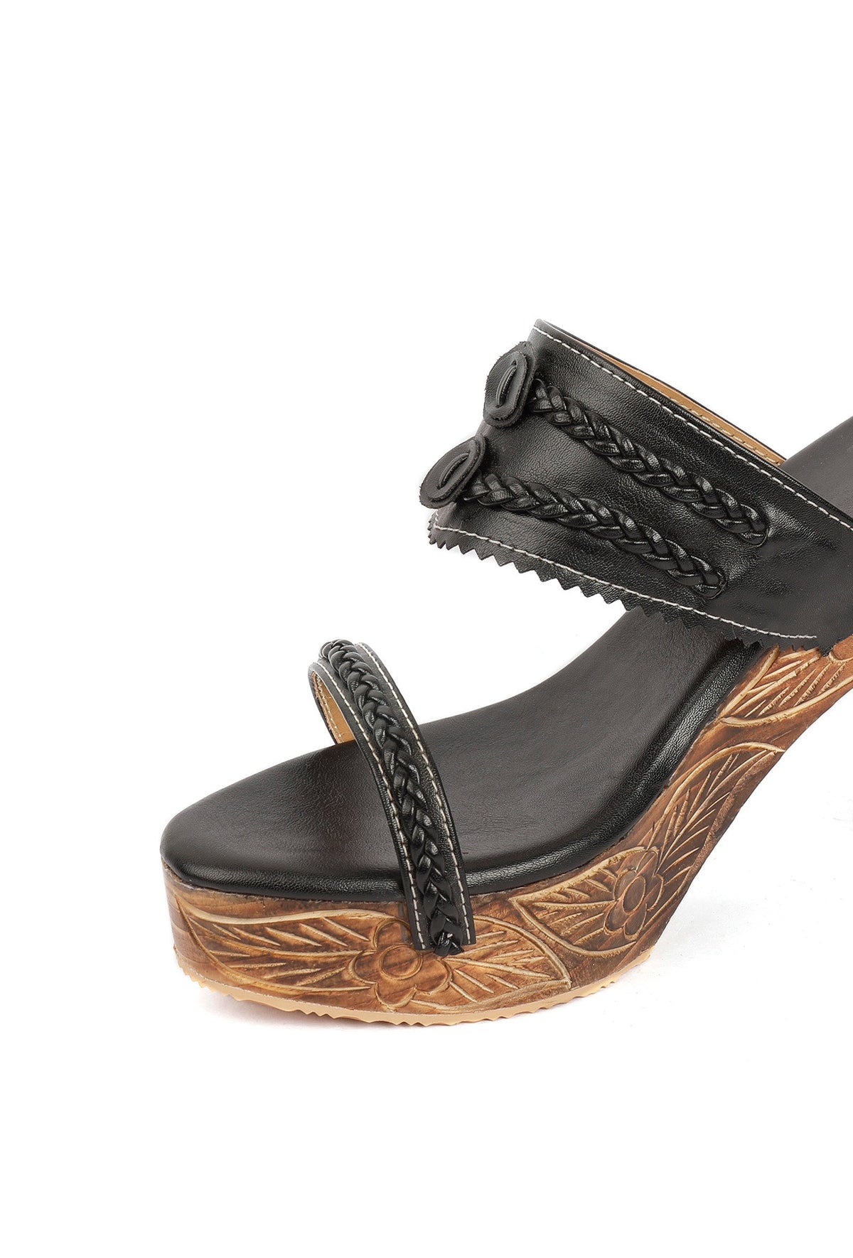 Black and Walnut Brown Wooden Carved Braided Solid Heels サイズ EU38
