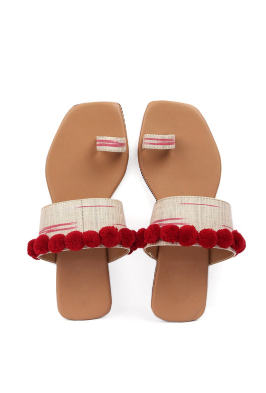 Tawny Brown Ikat One Toe Cruelty Free Leather Flats with Red Pom Pom サイズ EU38