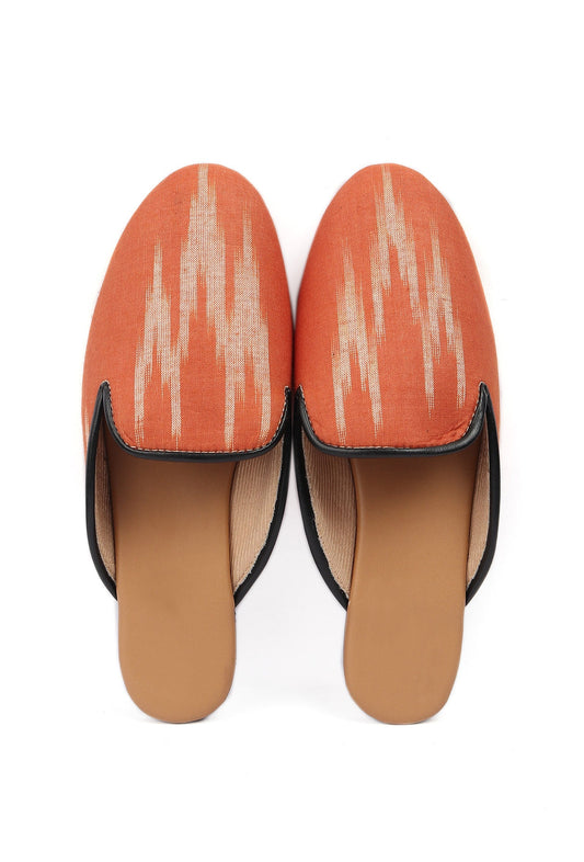 Fire Orange & Tawny Brown Ikat Flat Cruelty Free Leather Mules サイズ EU38