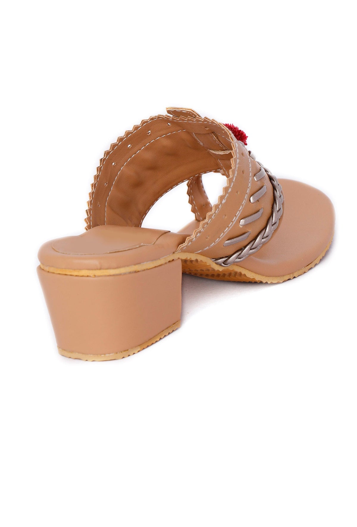 Tan and Silver Cruelty Free Leather Heels with Pom Poms サイズ EU36