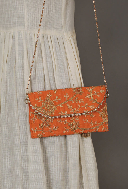 Vivid Orange Zari Embroidered Silk Envelope Clutch