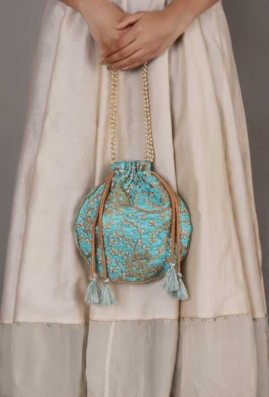 Sky Blue Embroidered Silk Potli