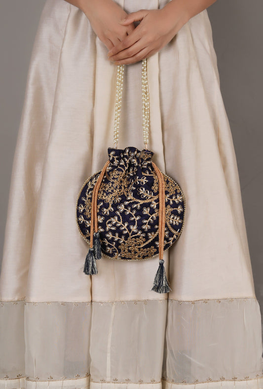 Navy Blue Embroidered Silk Potli