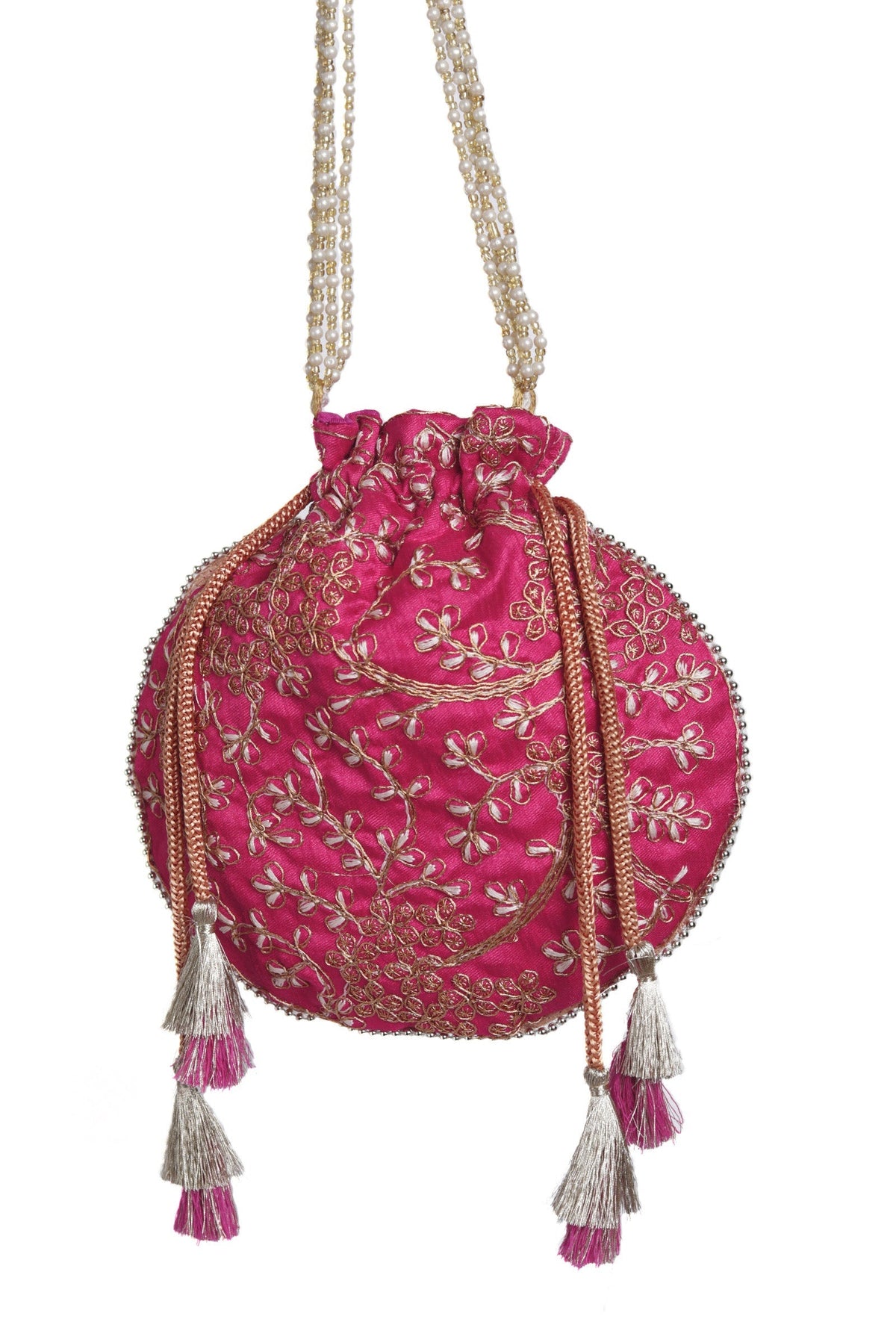Fuchsia Pink Embroidered Silk Potli