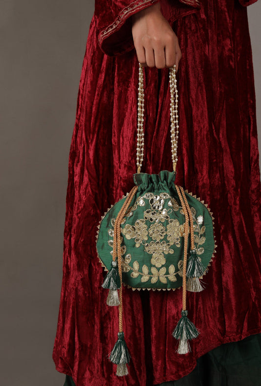 Midnight Green Gota Patti Silk Potli