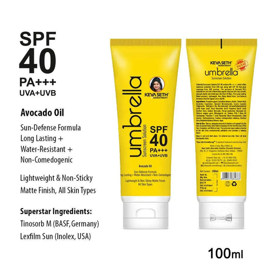 Umbrella Sunscreen Solution SPF 40, Broad Spectrum Protection, No White Cast, Lightweight Matte Finish with Avocado 100ml 100ml