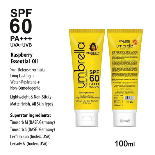 Umbrella Sunscreen Solution SPF 60, Broad Spectrum Protection, No White Cast, Lightweight Matte Finish with Raspberry Oil 18ml