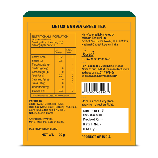 【VAHDAM】 Detox Kahwa Green Tea, 15 Count|デトックス カワ グリーンティー|15 Count