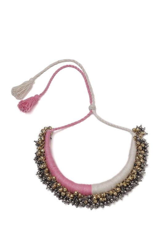 Maahi Duo White and Pink Tribal Gold Ghungroo Necklace