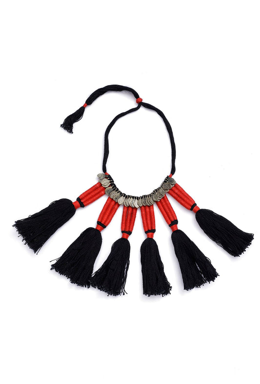 Red and Black Thread Silver Tribal Necklace