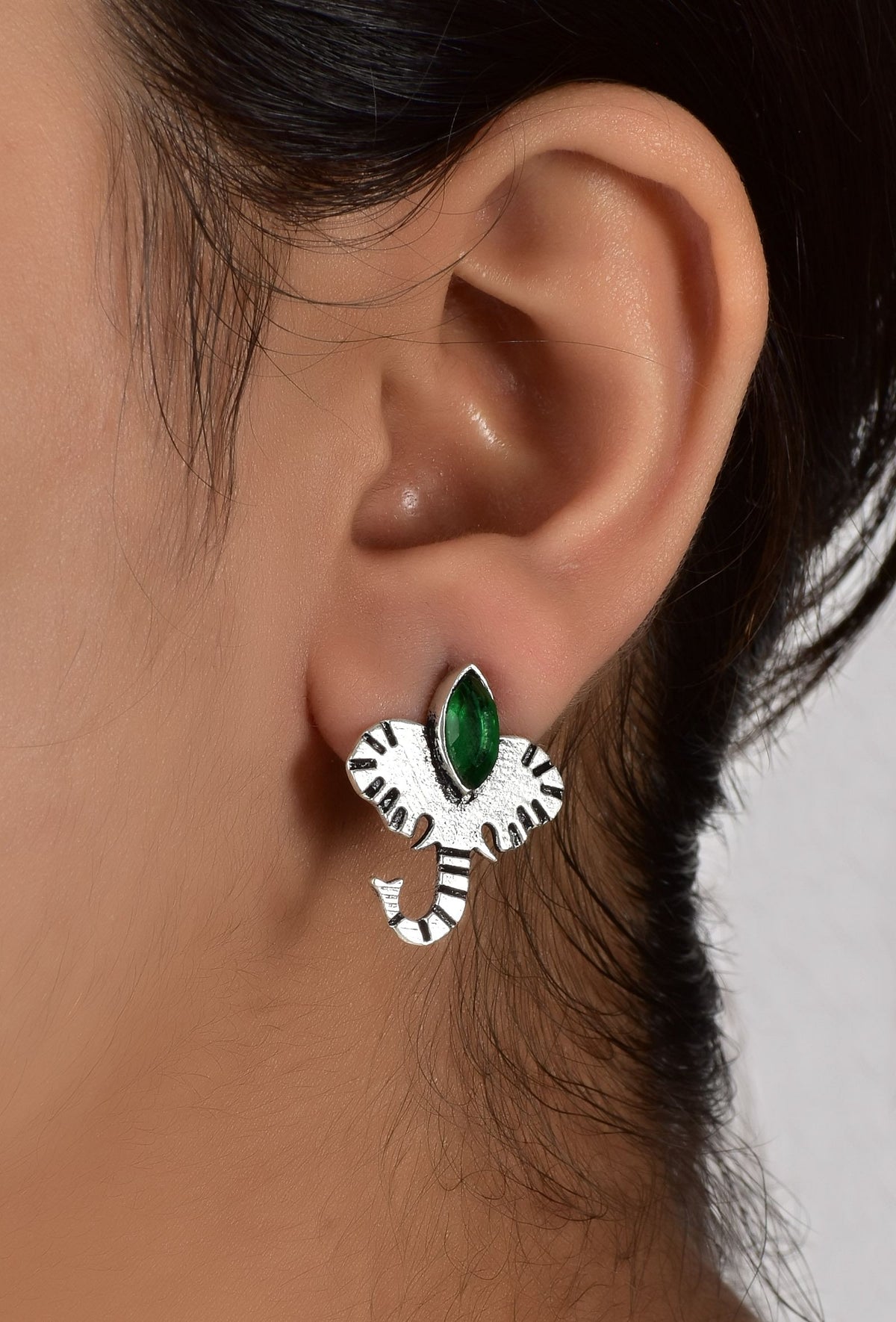 Elephant with Green Stone Brass Earrings