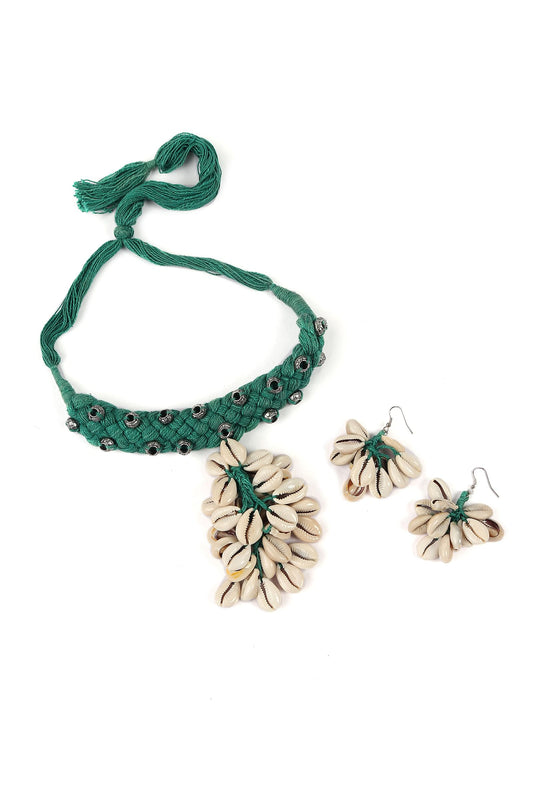 Green Thread & German Silver Tribal Seashell Choker & Earrings Set