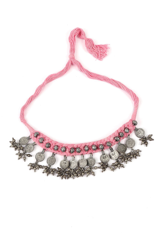 Pink Thread & German Silver Tribal Coin Choker Necklace