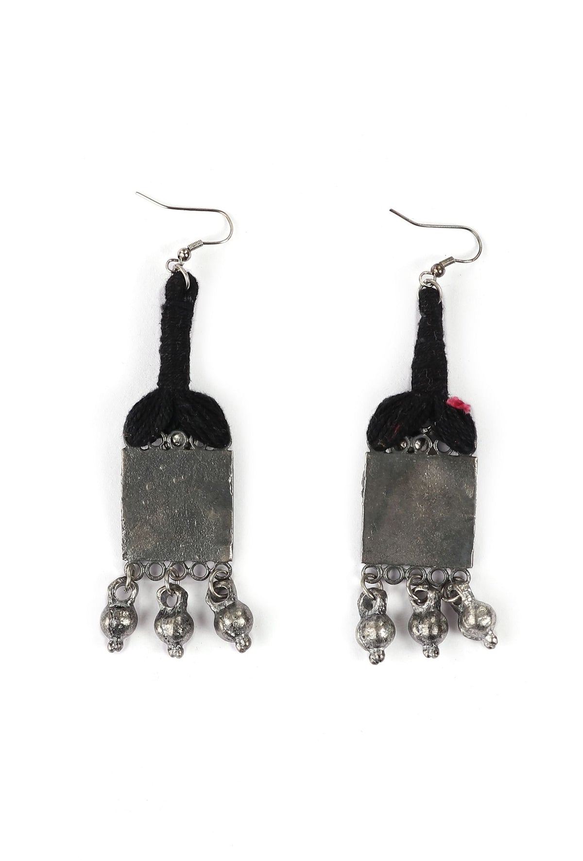 Black Thread & Square Motif German Silver Earrings