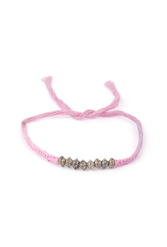 Set of 2: Ada Pink Thread & Antique Plated Brass Beaded Anklets